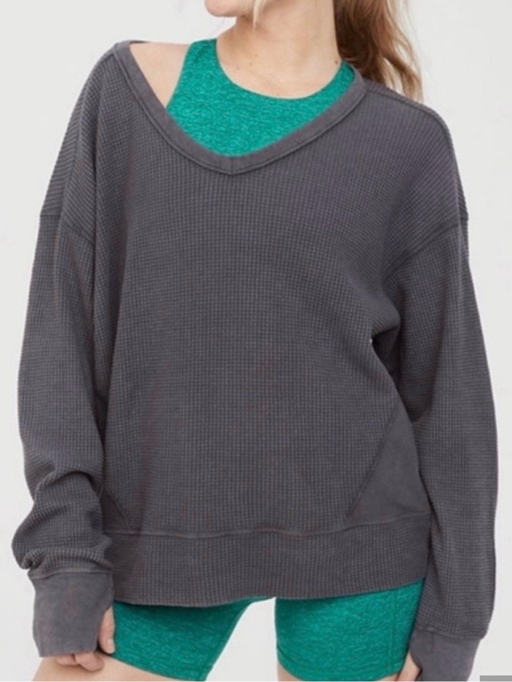 🩶 Aerie Waffle Knit V-Neck Top | Women’s Size XS | Charcoal Gray 🩶